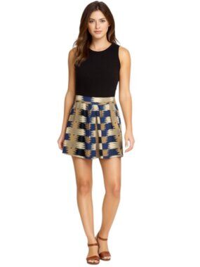 3.1 Phillip Lim Size 4 Skort Silk and Linen Black Blue Gray Tan White Print